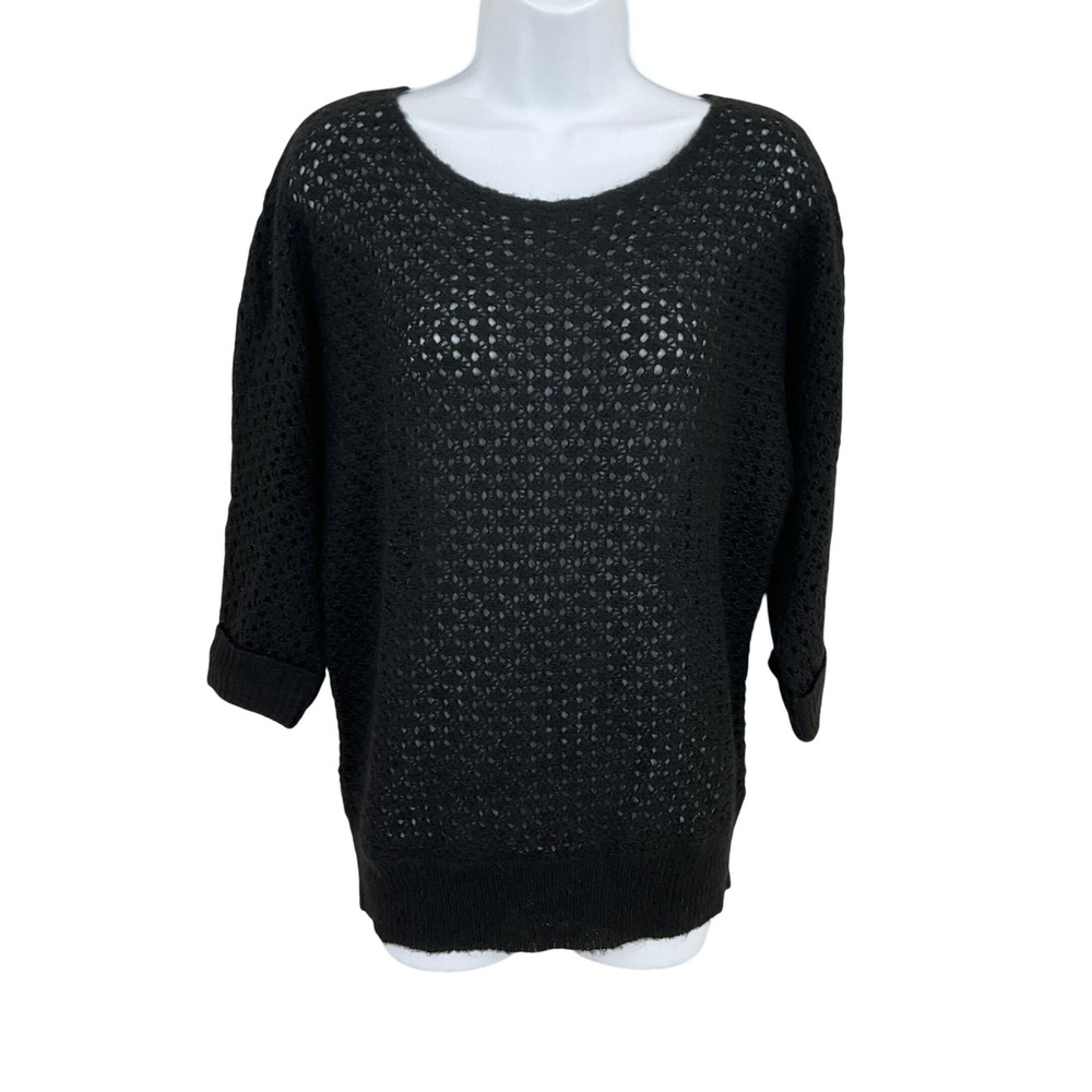 Chico's Sweater Women 0 US S‎ Black Wool Mohair Open Knit Crochet 3/4 Sleeve